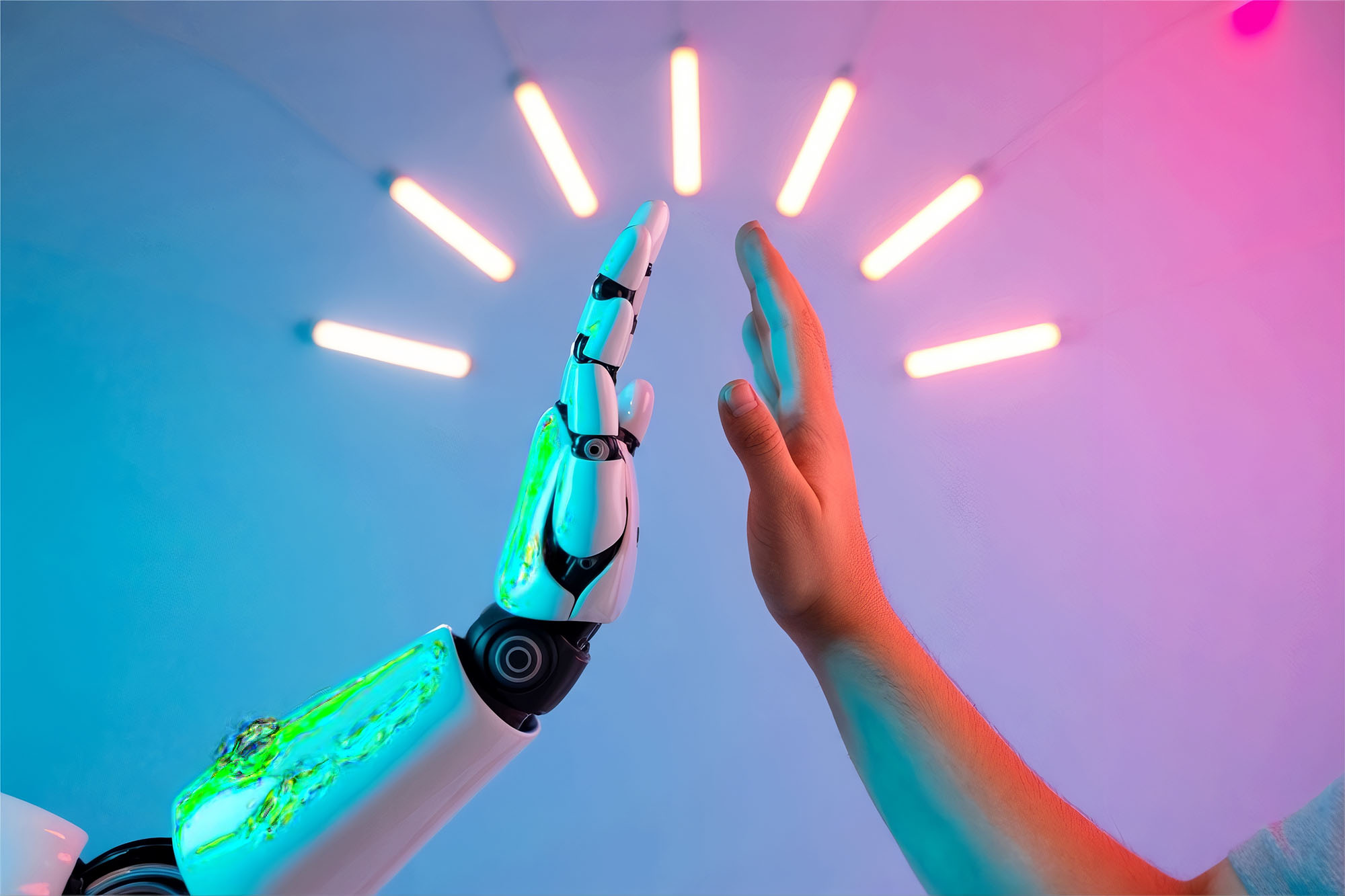 robot hand high five with human for future technology collaborat