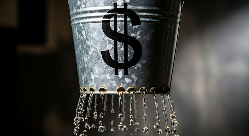 Concept of financial leakage valuable assets and resources slowl