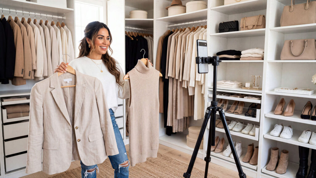 Happy brunette fashion blogger filming outfit video review with